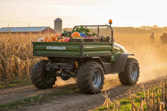 Afruimwagens transporting harvested crops across a farm field at sunset