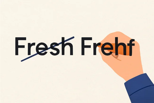 Illustration showing the word Fresh being edited into Frehf with a hand rewriting the text.