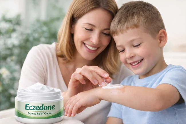 Eczedone eczema relief cream being applied by a mother to her son's arm, with both smiling and showing improved skin.
