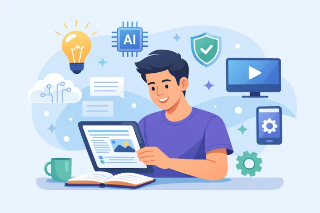 Whatsontech illustration showing a person easily understanding technology through clear, simple digital concepts