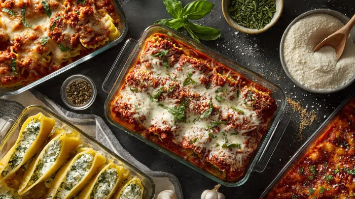 Assorted baked pasta dishes with cheese and herbs, showing how Mannacote enhances texture and flavor in manicotti, shells, and lasagna.