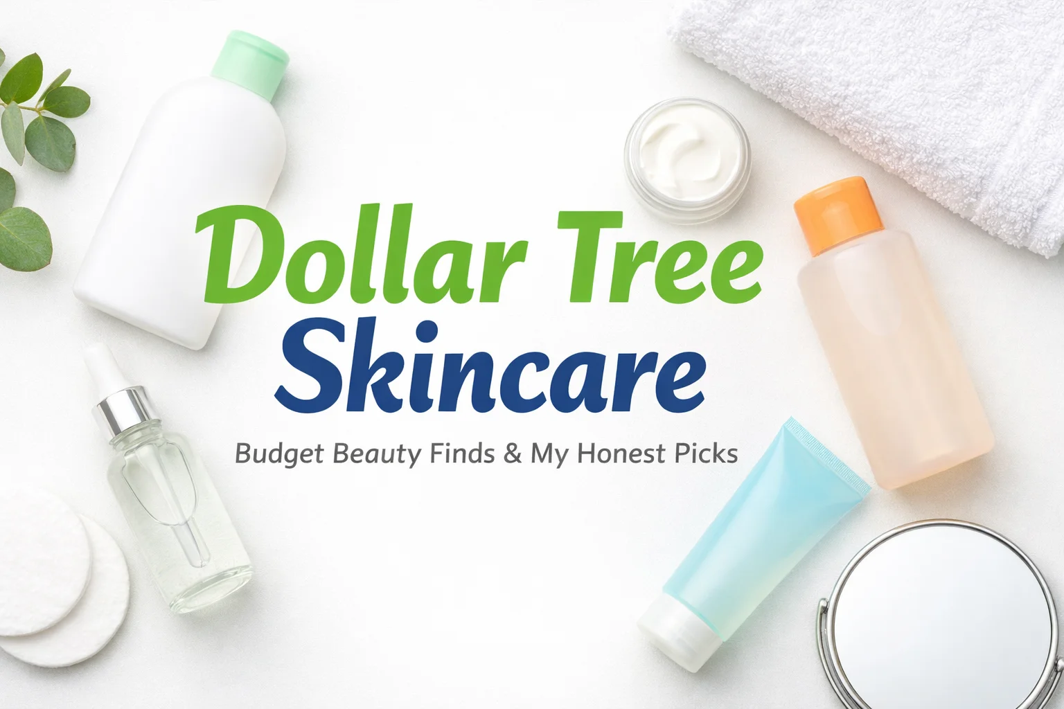 Dollar Tree Skincare flat lay featuring budget skincare products with clean, minimal styling
