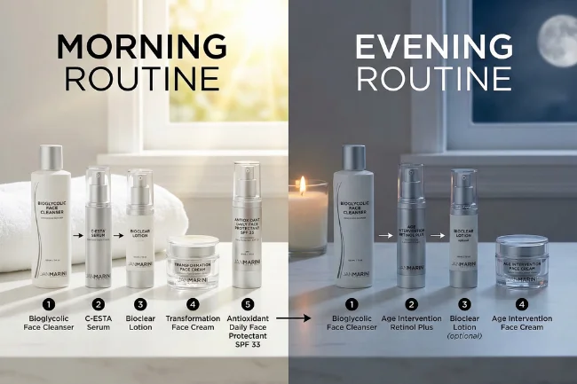an Marini Skin Care daily regimen products including Bioglycolic Face Cleanser, C-ESTA Serum, and Retinol Plus arranged for morning and evening routines.