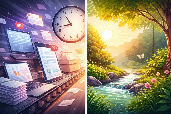 Çievri shown through a visual contrast between fast-paced digital systems and calm natural rhythms