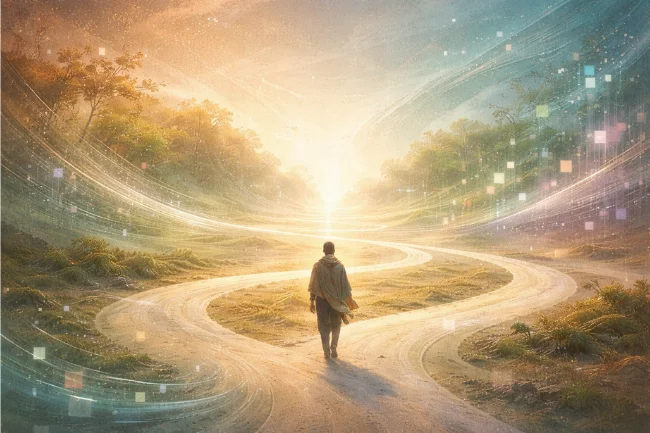 Yürkiyr visual showing a solitary figure moving along open paths, symbolizing fluid identity and intentional movement