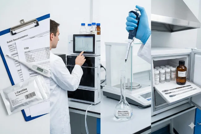 L-Carnitine Research Compound laboratory workflow showing batch documentation, analytical verification, pipetting, and controlled storage