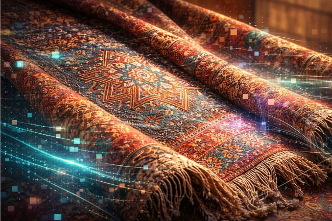 Yürkiyr visual art blending traditional textile patterns with digital glitch and light-based technology