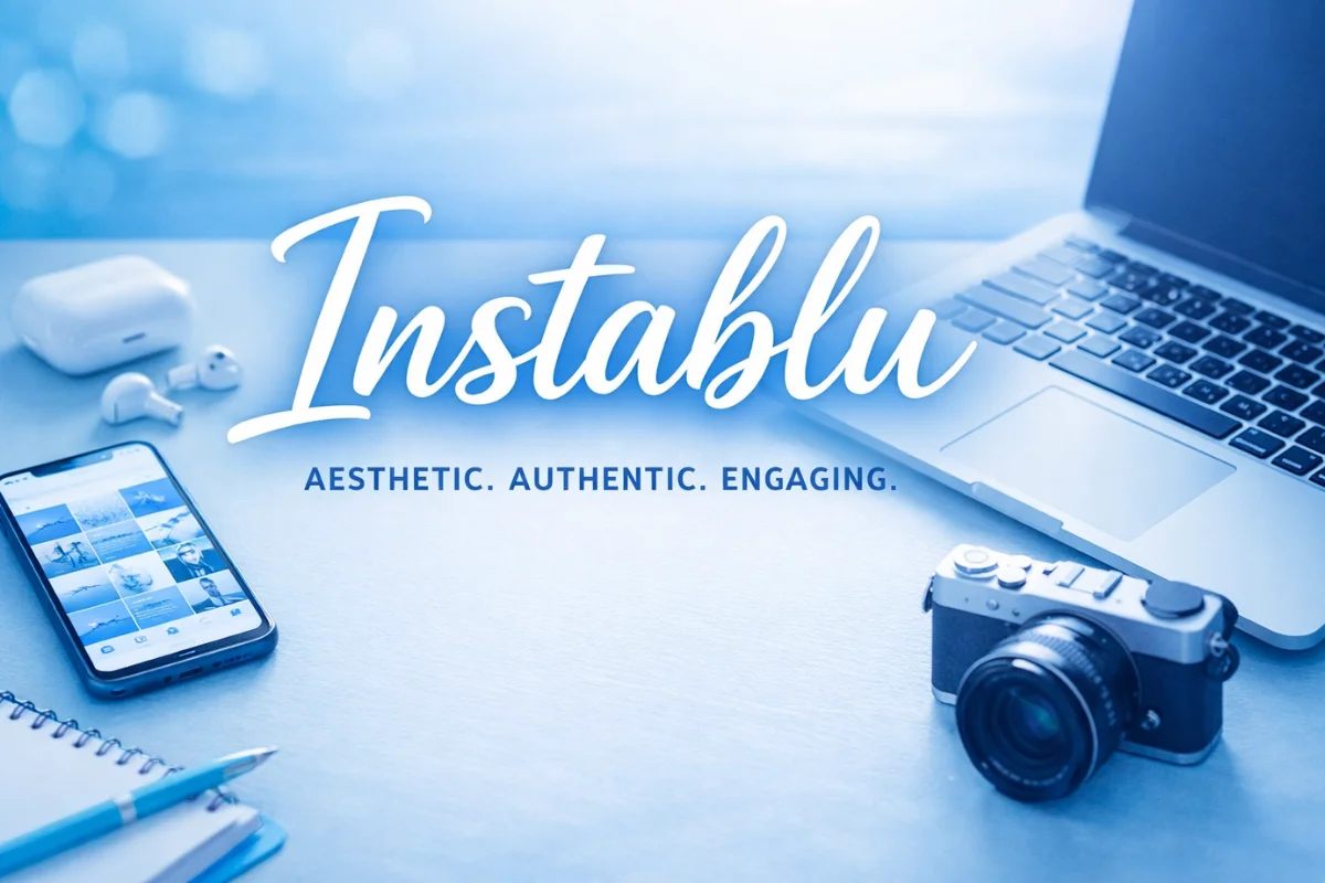 Instablu featured image showing a blue-toned digital workspace with smartphone, camera, laptop, and minimalist aesthetic