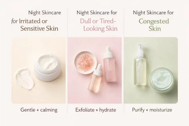 Night Skin Care Routine adjusted for sensitive, dull, and congested skin conditions