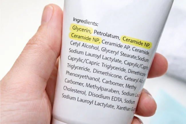 Dollar Tree Skincare ingredient label close-up showing glycerin, ceramides, and simple formulas