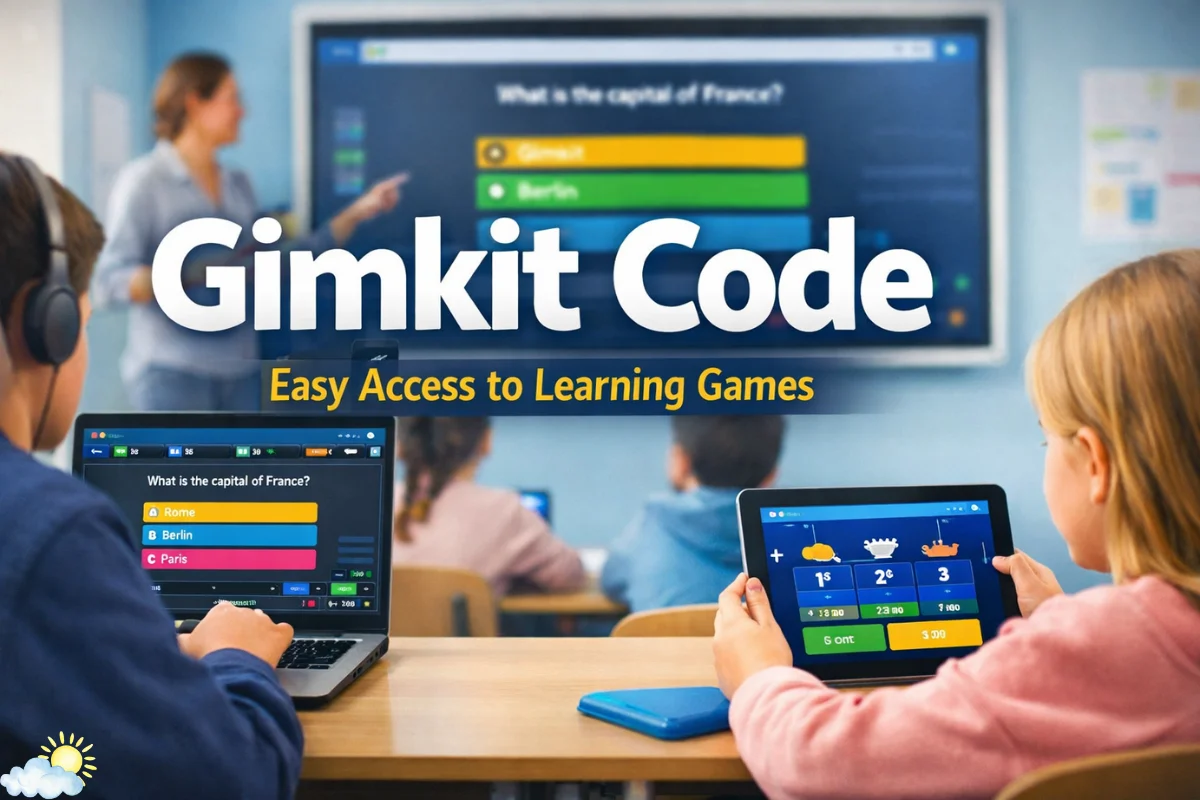 Gimkit Code displayed on a classroom screen as students join an interactive learning game on laptops and tablets