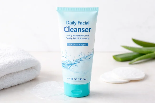 Dollar Tree Skincare facial cleanser shown in a clean, minimal flat lay setup