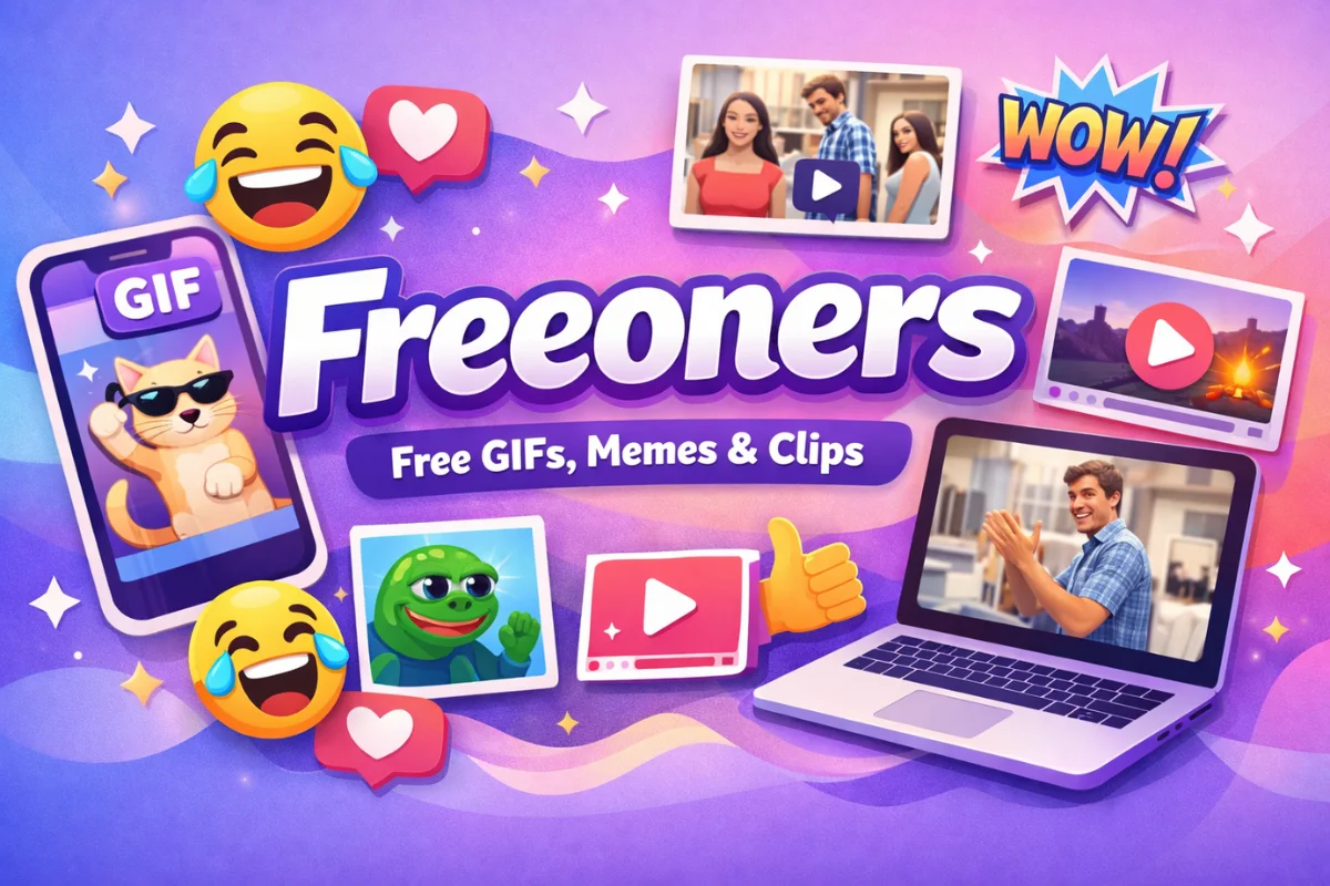 Freeoners visual showing free GIFs, meme templates, and short video clips for digital creators