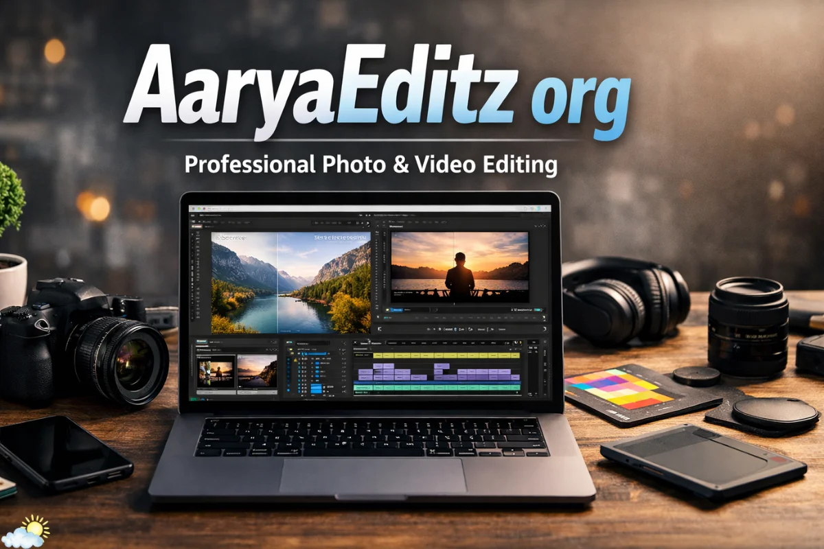 AaryaEditz org professional photo and video editing platform workspace with modern editing tools