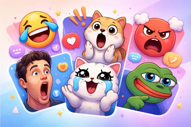 Freeoners reaction GIFs showing joy, shock, laughter, and emotional expressions