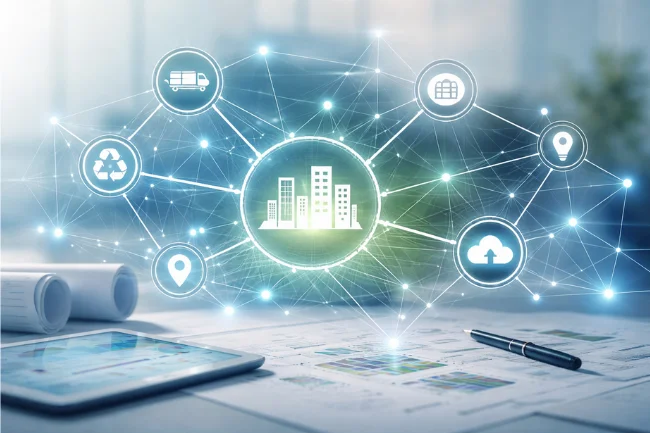 Emarand systems-level innovation showing connected logistics, rail, technology, and sustainable infrastructure