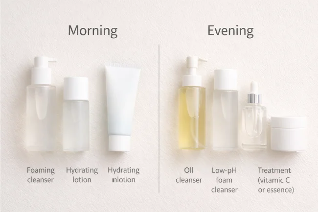 Japanese Skincare Brands morning and evening routine with gentle cleanser, hydrating lotion, treatment, and sunscreen