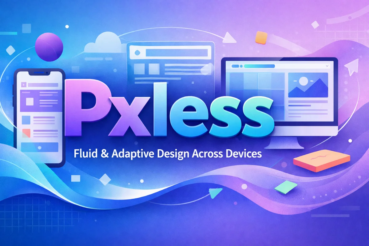Pxless design concept showing fluid, adaptive UI layouts across multiple devices