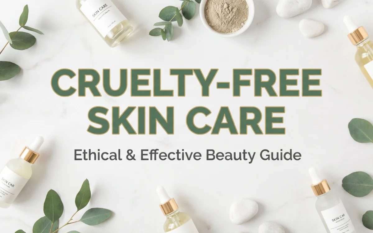 A flat-lay arrangement of high-quality Cruelty-Free Skin Care products including glass dropper serums and botanical eucalyptus leaves on a white marble surface, featuring bold title text.