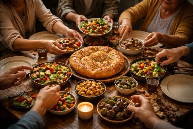 Çievri represented through a communal meal with shared food, circular bread, and people gathering together