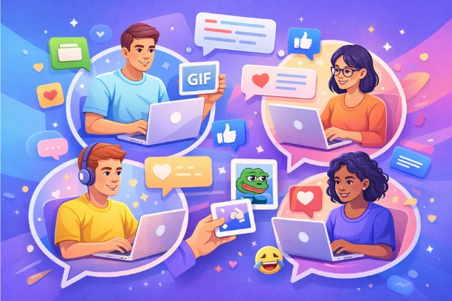 Freeoners community illustration showing creators collaborating, sharing GIFs, and exchanging visual content online