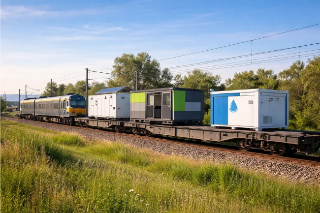 Emarand modular units transported by rail, demonstrating sustainable logistics and mobile infrastructure