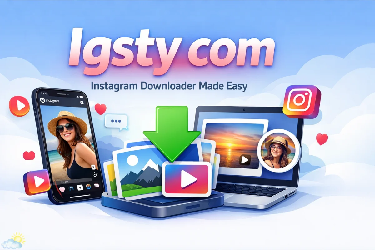 Igsty com Instagram downloader featured image showing reels, photos, and video download option.
