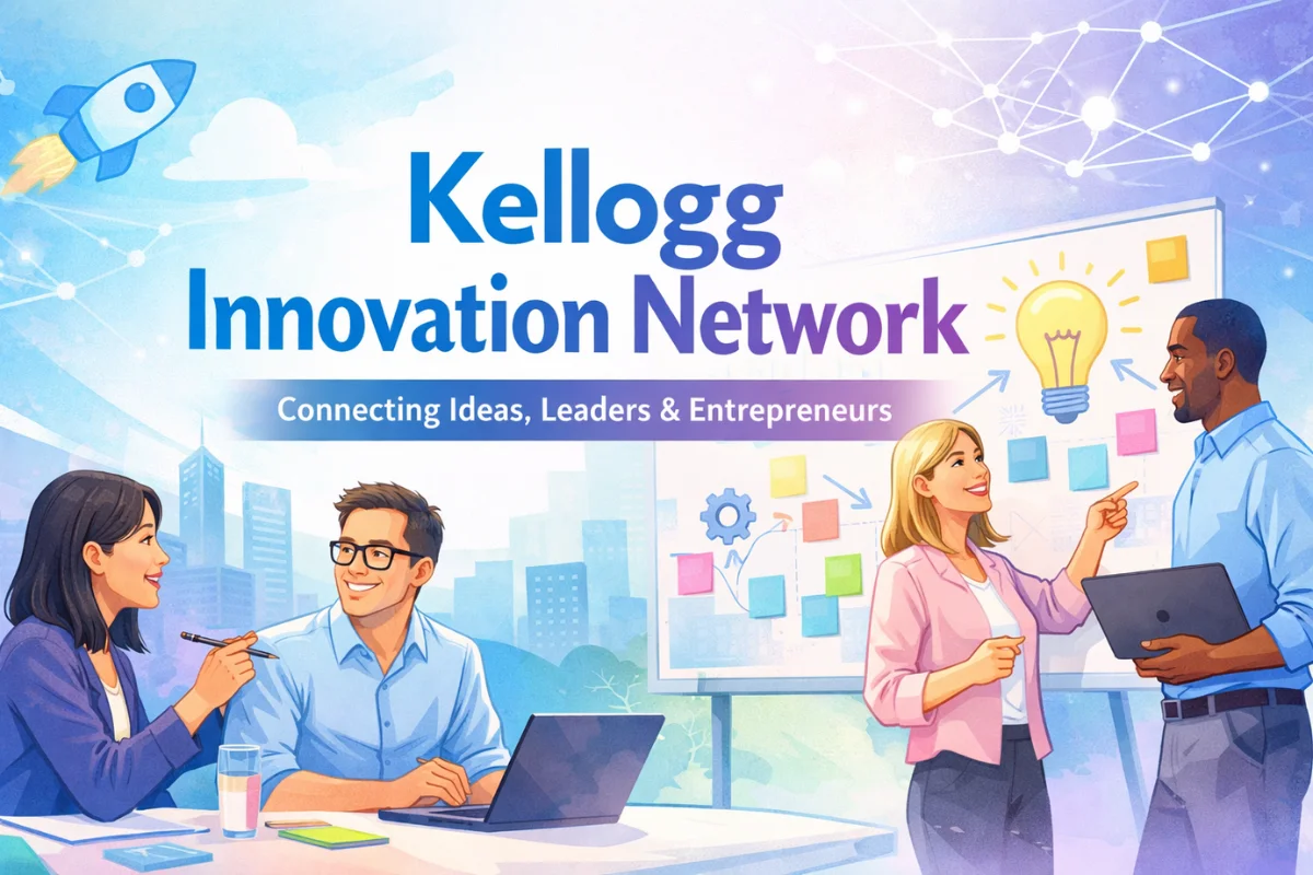 Kellogg Innovation Network visual showing entrepreneurs, leaders, and innovators collaborating in a modern, creative environment