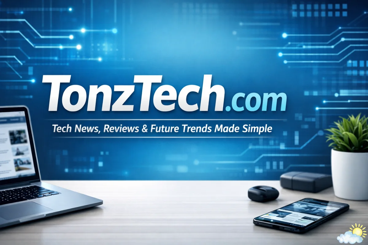 TonzTech com featured image showing a modern digital workspace with tech devices and a clean futuristic design