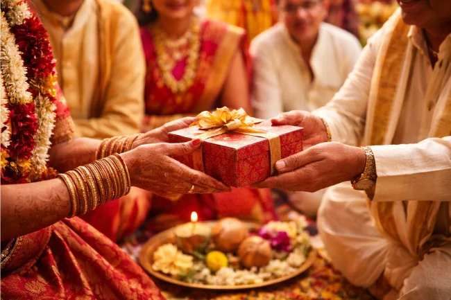 Gelboodu ritual showing a traditional South Indian wedding gift exchange between families