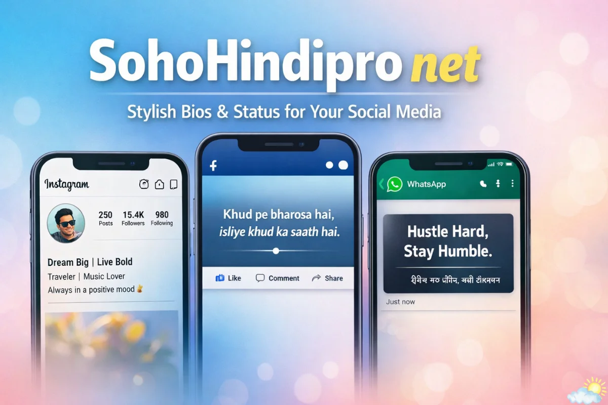 SohoHindipro net featured image showing stylish social media bios and status content for Instagram, Facebook, and WhatsApp