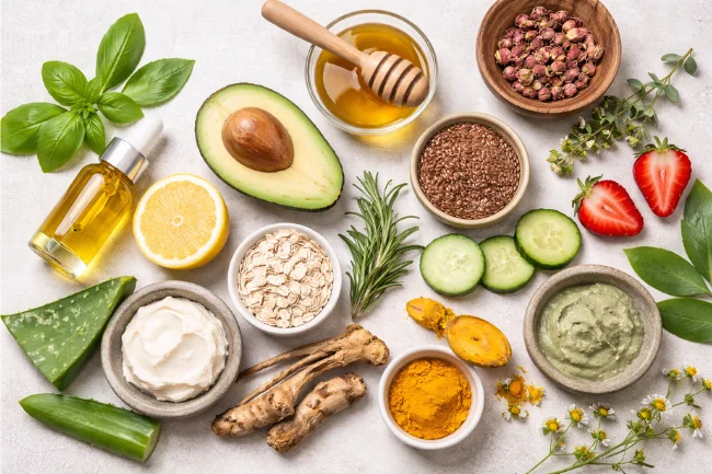 Eminence Organic Skin Care inspired botanical ingredients including fruits, herbs, seeds, roots, and oils