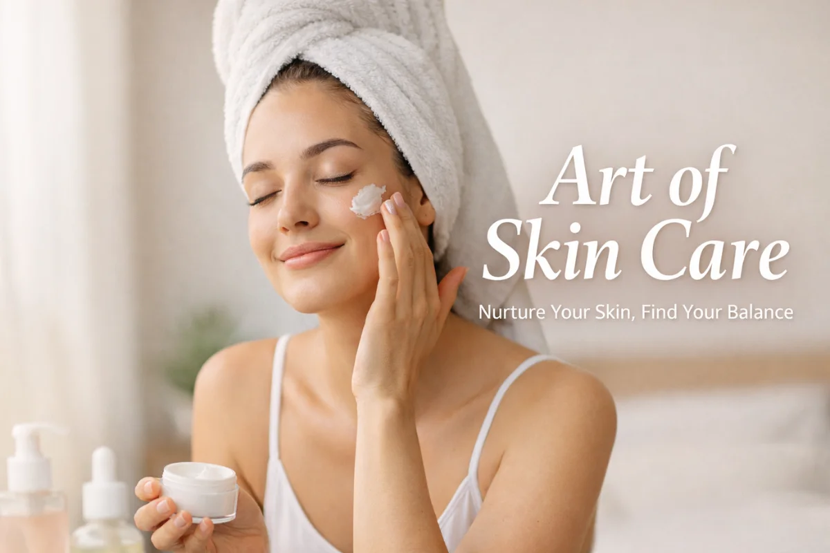 Art of skin care concept showing a woman applying moisturizer in soft natural light