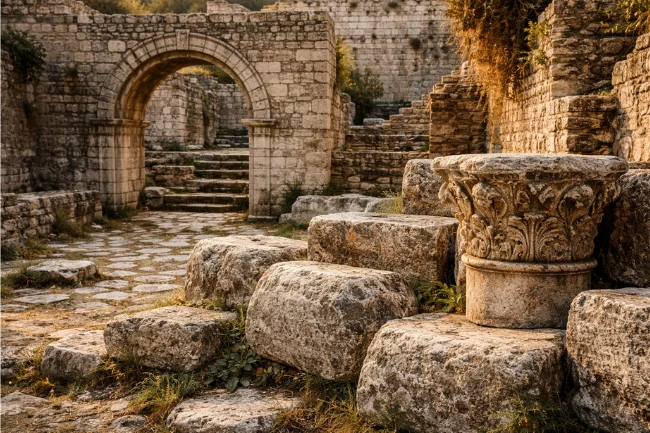 Kotora Melnkalne Roman stone ruins beneath medieval layers, showing ancient arches and weathered columns in Kotor