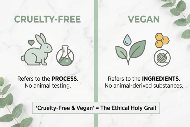 A clear comparison infographic for Cruelty-Free Skin Care showing the difference between cruelty-free processes and vegan ingredients with simple botanical icons.