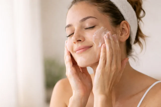 Art of skin care showing gentle facial cleansing with a mild, non-stripping cleanser
