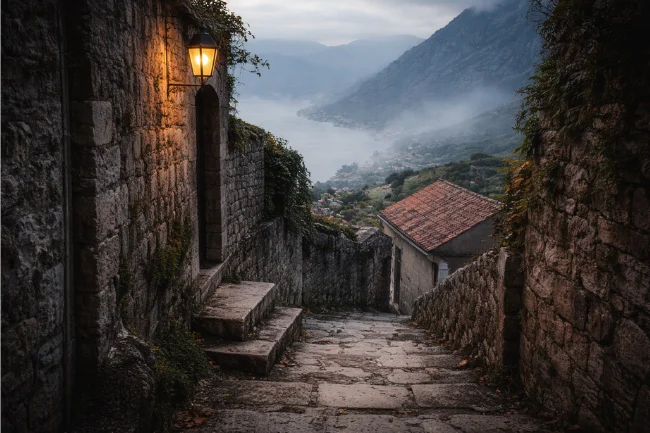 Kotora Melnkalne symbolized through a quiet stone pathway overlooking the Bay of Kotor, framed by misty mountains and ancient walls