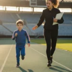 Injury Prevention for young athletes with a coach guiding a child during running practice on a track