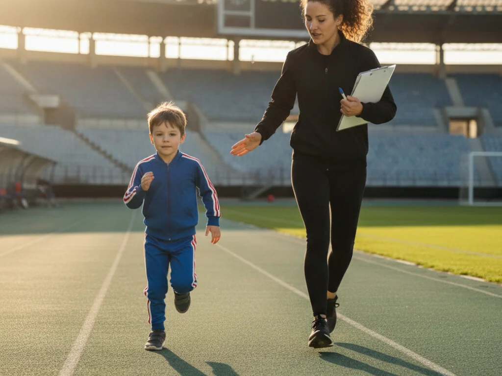Injury Prevention for young athletes with a coach guiding a child during running practice on a track