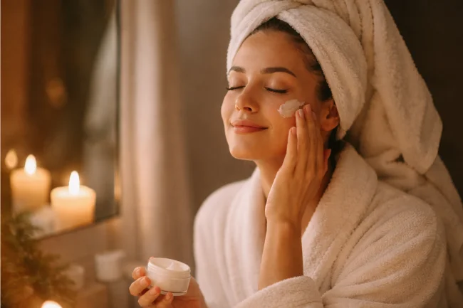 Art of skin care moment showing a woman calmly applying moisturizer at night