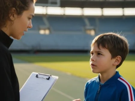 Injury Prevention discussion between a coach and a young athlete during sports training on a track