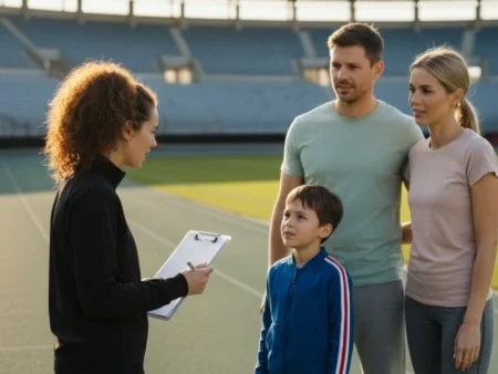 Injury Prevention consultation with a coach, parents, and a young athlete during sports training at a stadium
