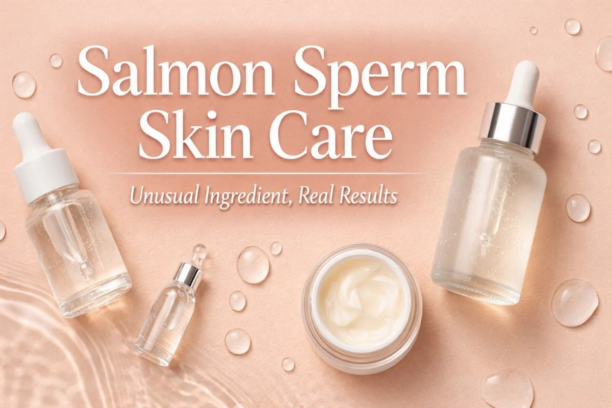 Salmon Sperm Skin Care featured image showing luxury skincare serums, ampoules, and cream on a soft blush background