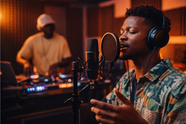 Darlnaija highlighting Afrobeats creativity with a Nigerian artist recording music in a studio