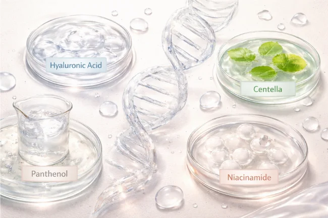 Salmon Sperm Skin Care ingredient visualization showing purified DNA fragments, clear cosmetic liquids, and soothing skincare compounds