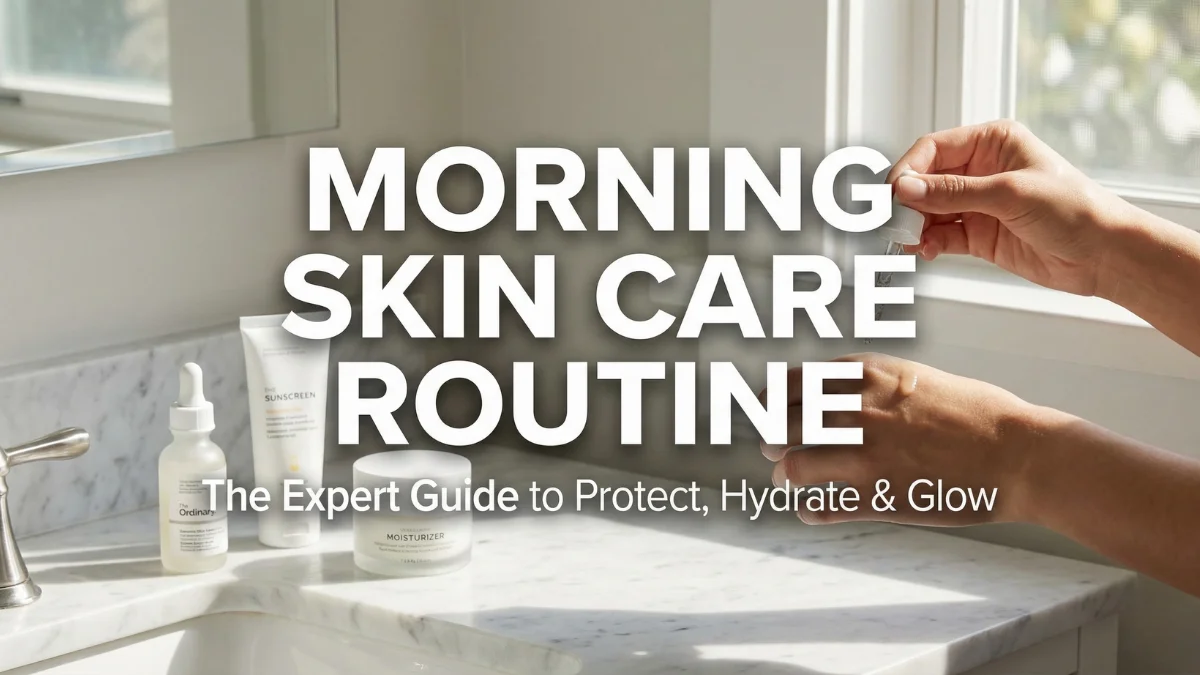 A bright, sunlit bathroom scene featuring a woman applying serum to her hand, representing a complete Morning Skin Care routine with products like sunscreen and moisturizer on a marble countertop.