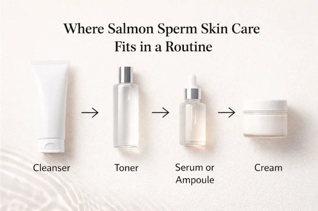 Salmon Sperm Skin Care routine diagram showing cleanser, toner, serum or ampoule, and cream in correct order