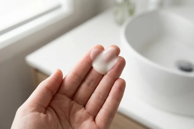 A close-up shot of a gentle, milky cleanser texture on a hand, illustrating the first step of a Morning Skin Care routine for maintaining a healthy pH balance.