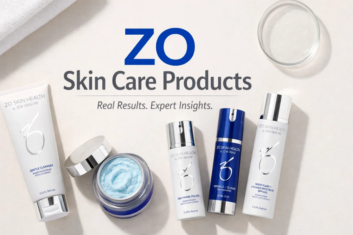 ZO Skin Care Products featured image showing a clean, luxury skincare flat lay with medical-grade bottles on a soft neutral background