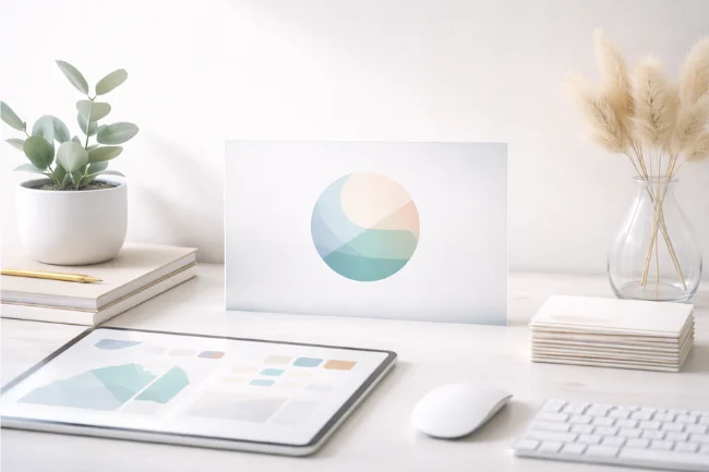 Lakede branding concept shown through a minimalist digital workspace and abstract design elements